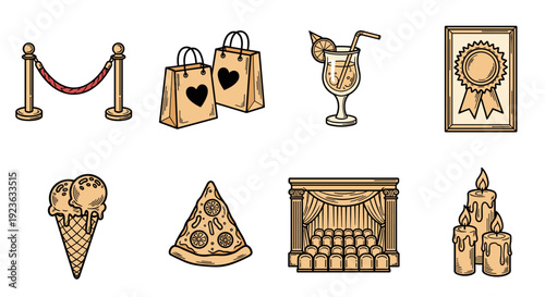 A collection of celebration and party icons including ice cream, gift bags, awards, and decorative elements in colorful vector style, perfect for event planning and marketing