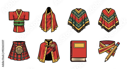 A collection of traditional clothing items including kimono, ponchos, and accessories in colorful flat vector style, suitable for fashion design projects