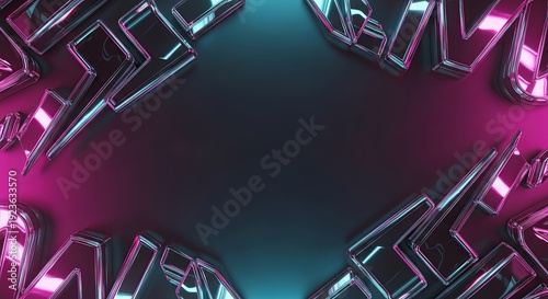 Metallic chrome shapes with vibrant pink and cyan neon lighting frame a dark central copy space for futuristic design.
