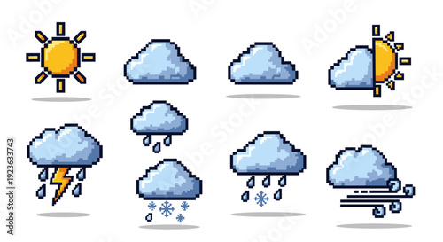 A set of weather icons including sun, clouds, rain, snow, and wind in pixel art vector style, perfect for weather apps and forecasts