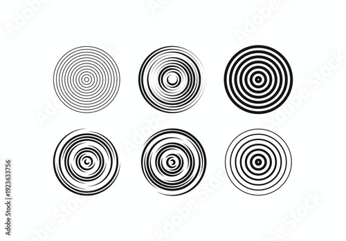 Collection of black concentric ripple circles featuring diverse line weights and textured brush effects, minimalist radial icons for signal and target