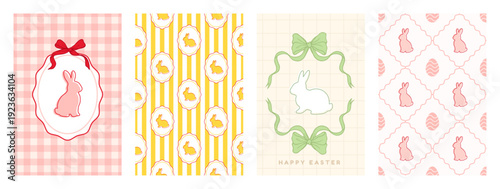 Happy Easter coquette seamless pattern set. Vintage design with bunny, egg and bow. Pastel posters. Whimsical greeting card. Gingham and striped background. Vector illustration