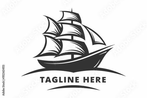 Stylized monochrome ship sails powerfully on the sea with company text below it