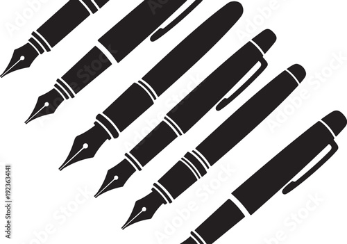 Black fountain pens arranged diagonally on white background illustration