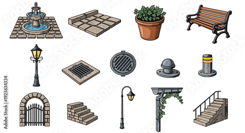 A collection of urban park elements including a fountain, benches, lamps, and flower pots in a colorful vector style, perfect for outdoor design projects