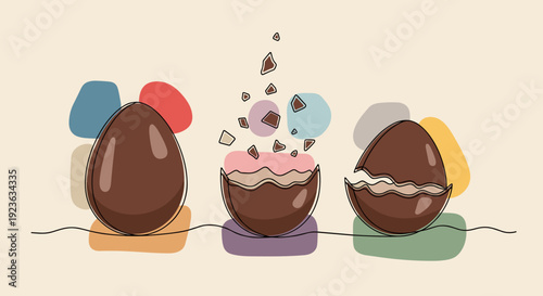 A set of colorful chocolate eggs, including a broken egg with creamy filling, in minimalist vector style, perfect for Easter celebrations and candy packaging