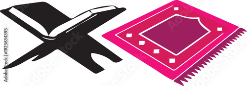 Islamic holy Quran book on rehal stand and a traditional muslim prayer rug on white background. on white background