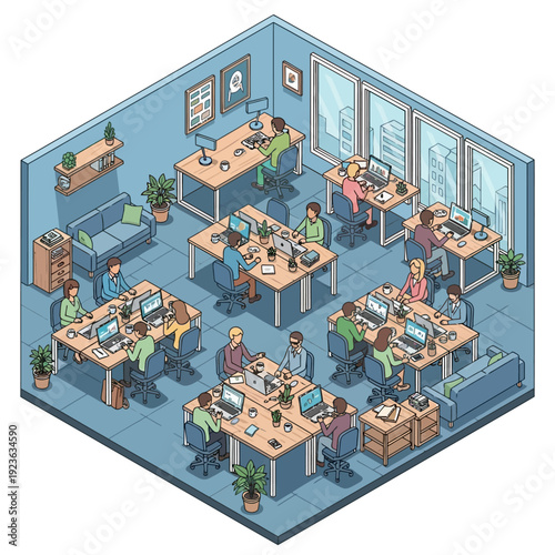 Isometric pixel art illustration of a bustling modern office with employees working at their desks.