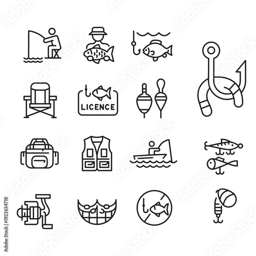 Fishing Icon Collection: A set of detailed line icons, capturing the essence of the fishing experience, including angling, bait, tackle, and essential gear.