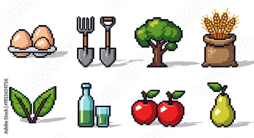 A collection of gardening and farming icons including eggs, tools, a tree, and various fruits in pixel art style, ideal for agricultural projects