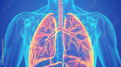 Medical illustration of cystic fibrosis, a genetic inherited disorder affecting the respiratory and digestive systems, characterized by thick mucus production in lungs, pancreas, and other organs