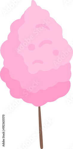Pink cotton candy sweet fluffy sugar treat on a stick, cartoon illustration with bright colors. Sugary texture and fun fair food design.