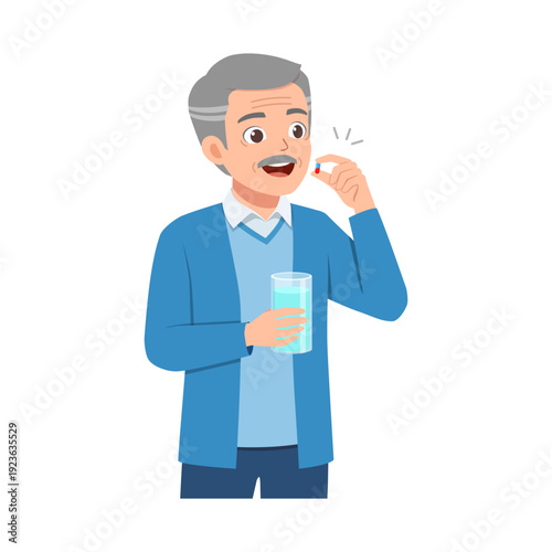 Senior man smiling happy expression taking a medicine pill with a glass of water for health care