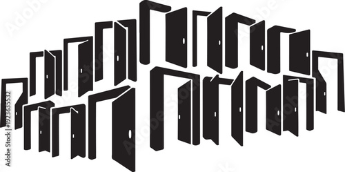 Many black doors on white background in perspective view