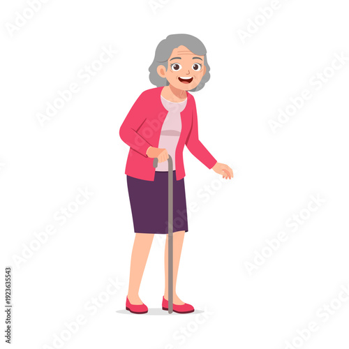 Happy smiling elderly woman standing holding a walking cane in a cheerful cartoon illustration style