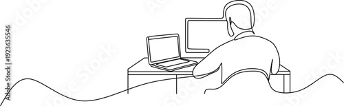 One line drawing of a man working at a desk with laptop and monitor