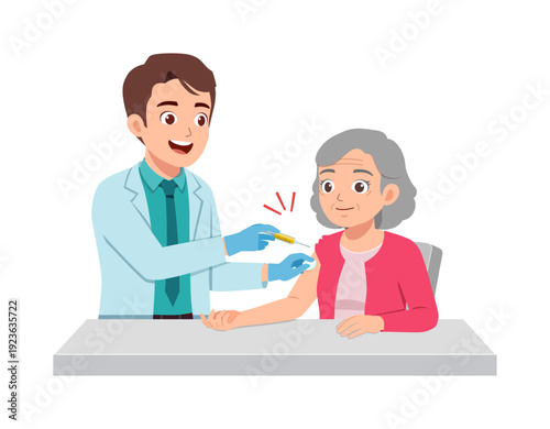 Smiling male doctor administers vaccine injection to happy senior woman patient in a healthcare setting