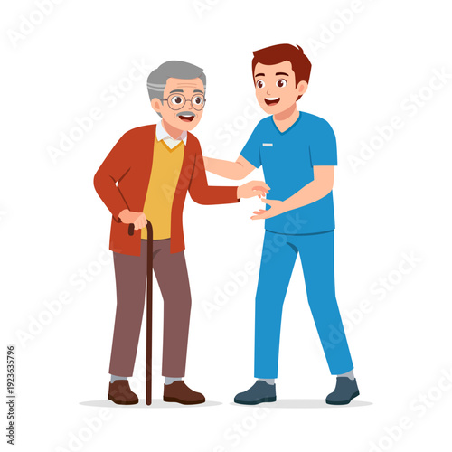 A kind young male caregiver assists a happy smiling senior man with his walking cane supportive interaction