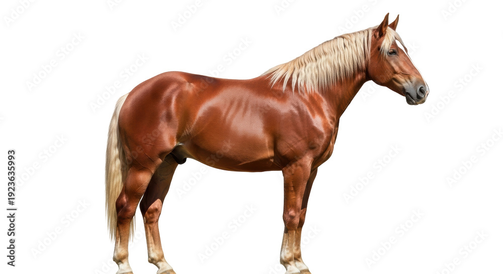 Fototapeta premium Isolated Palomino horse with golden body, flaxen mane and tail in a full body shot