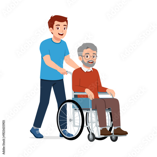 Happy young man pushing smiling senior man in wheelchair offering compassionate care and support