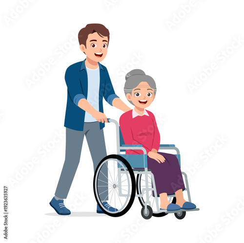 A caring Asian man happily pushes an elderly Asian woman in a wheelchair showing support and kindness