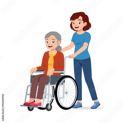 Asian young woman pushing an elderly Asian woman in a wheelchair happily smiling cheerful illustration