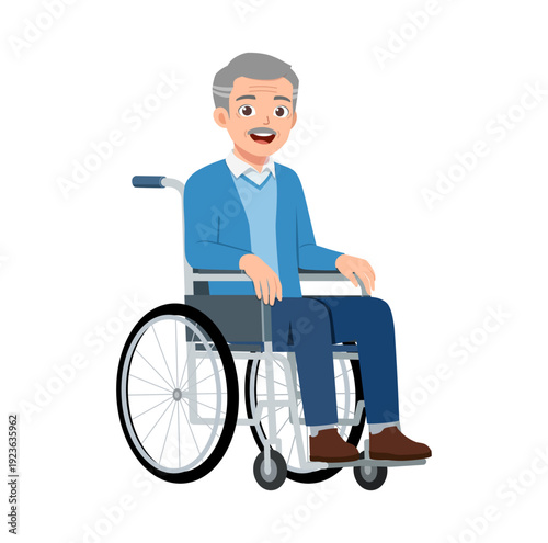 Happy smiling senior man with grey hair and mustache sitting relaxed in a wheelchair full body vector illustration