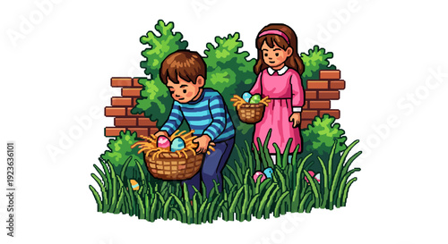 A scene of two children collecting Easter eggs with baskets in colorful cartoon style, perfect for spring holiday illustrations