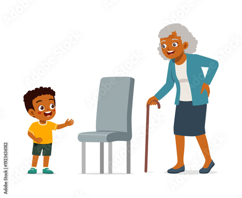 Joyful African American Child Gesturing at Cheerful Grandmother with Cane Standing Next to a Chair
