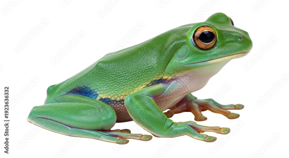 Naklejka premium Isolated Green Tree Frog, Litoria caerulea, Australia native. Tropical amphibian close-up