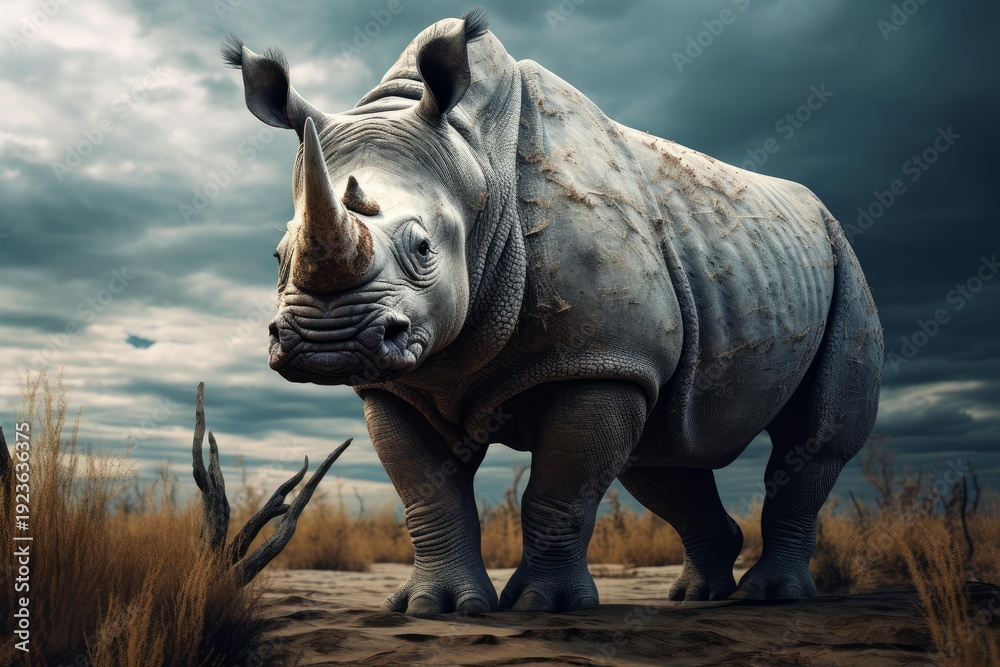 Fototapeta premium White rhinoceros standing on arid savanna, embodying strength and resilience in a wildlife setting