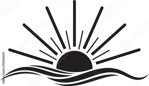 Simple black sun rising over wavy ocean silhouette graphic
