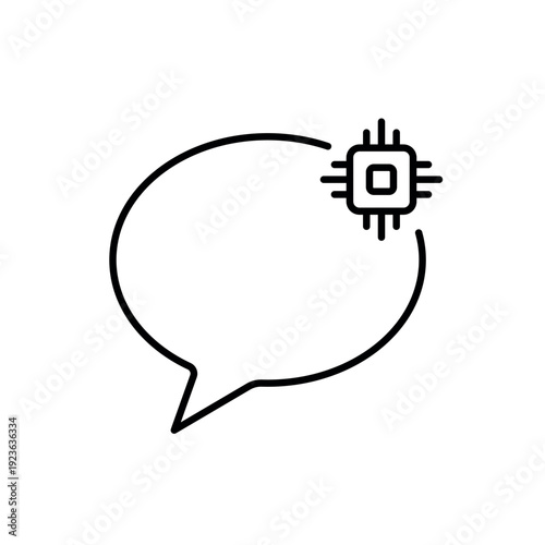 A vector icon of a speech bubble with AI chip, representing smart interaction with an AI copilot, created in line style with editable stroke