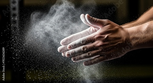 Chalking Up Strength: A close-up shot captures hands clapping, a cloud of chalk billowing, symbolizing preparation and power. 