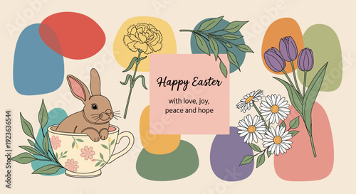 A cute bunny in a teacup surrounded by spring flowers in colorful minimalist vector style, ideal for Easter greetings and celebrations