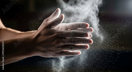 Athlete's hands clap vigorously, releasing a cloud of white magnesium carbonate chalk powder in dramatic backlighting.