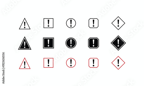 Vector set of exclamation mark warning signs in triangle, circle, square, and diamond shapes