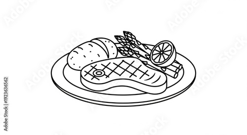 Grilled fish served with lemon and bread on a plate viewed from above in a simple line drawing style