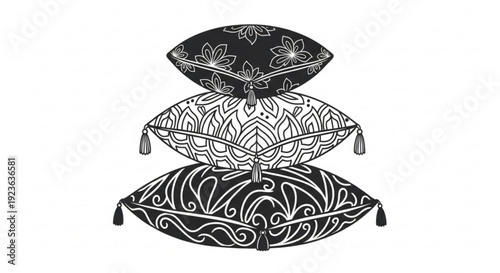 Three intricately designed cushions displayed in a stacked arrangement showcasing various patterns and designs