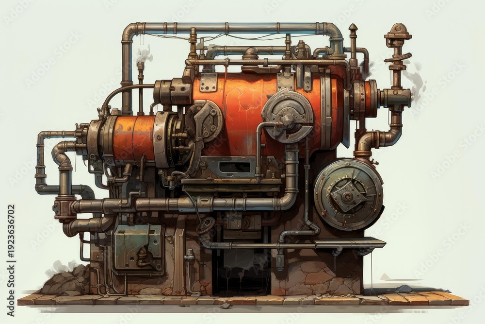 Fototapeta premium Steampunk engine with pipes, gears, and rusty metal components generating steam