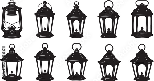 Black lanterns in various styles on white background illustration