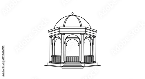A serene illustration of a classical gazebo with columns and arches, viewed from the front in a peaceful outdoor setting.