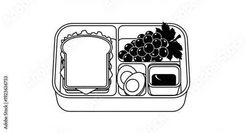 A simple line drawing of a meal tray with bread, grapes, and other food items
