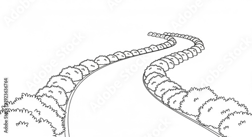 A winding road lined with trees, curving through a landscape, viewed from a slight elevation, capturing a serene environment