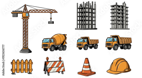 A collection of construction icons including a crane, dump truck, cement mixer, building, and safety equipment in modern flat vector style, ideal for construction industry projects