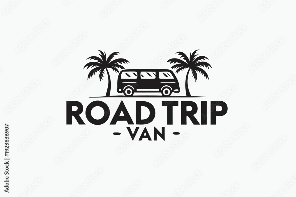 Obraz premium Stylized black van between two palm trees above the words road trip van