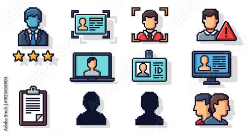 A set of business and identity icons featuring profiles, data verification, and security in modern pixel art vector style, perfect for digital applications and user interfaces