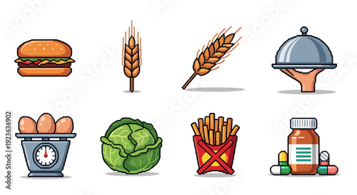A collection of food-related icons including a burger, eggs, cabbage, wheat, and a hand holding a cloche in colorful vector style, suitable for culinary designs and health-related projects