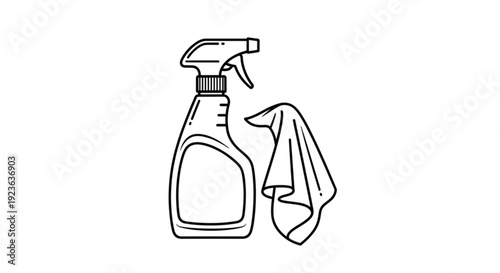 A simple line drawing of a spray bottle and cloth for household cleaning purposes