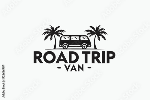 Stylized black van between two palm trees above the words road trip van